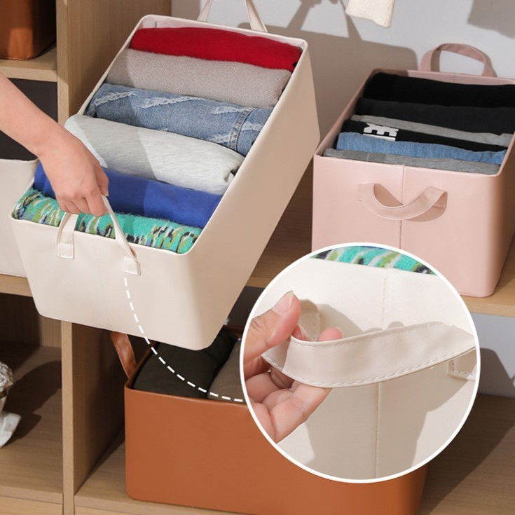 Cutie de depozitare tip cos, material piele ecologica, pliabila, 47x28x20 cm, 26 l, cadru metalic, cu manere, bej [4]