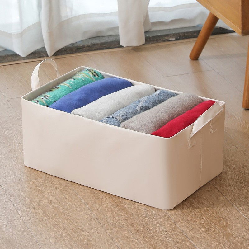 Cutie de depozitare tip cos, material piele ecologica, pliabila, 47x28x20 cm, 26 l, cadru metalic, cu manere, bej [5]