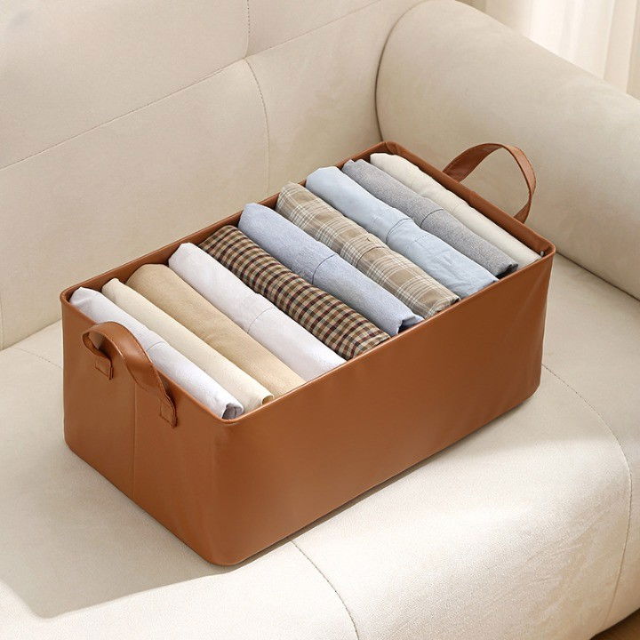 Cutie de depozitare tip cos, material piele ecologica, pliabila, 47x28x20 cm, 26 l, cadru metalic, cu manere, maro [4]