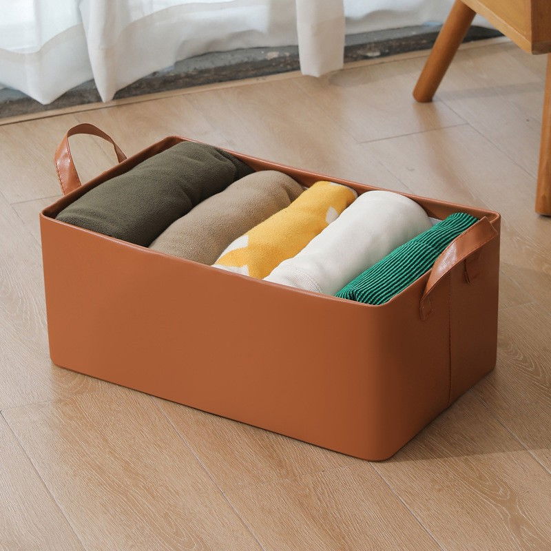 Cutie de depozitare tip cos, material piele ecologica, pliabila, 47x28x20 cm, 26 l, cadru metalic, cu manere, maro [3]