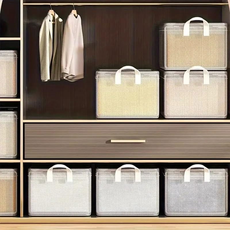 Cutie de depozitare tip cos, material textil transparent, pliabila, 47x28x20 cm, 35 l, cadru metalic, cu manere, alb [4]