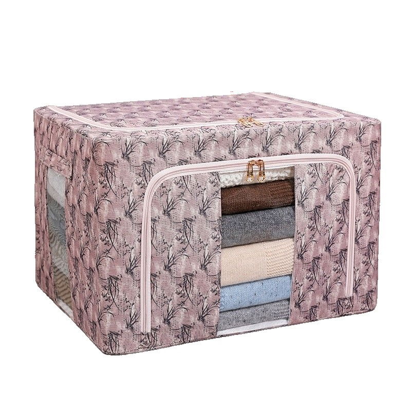 Cutie depozitare, 66l, din material textil, 50 x 40 x 33 cm, pentru haine si lenjerii, model bambus, roz [1]