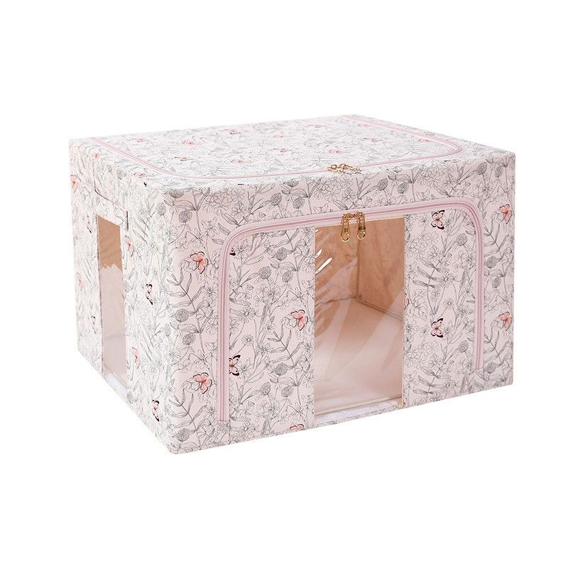 Cutie depozitare, 66l, din material textil, 50 x 40 x 33 cm, pentru haine si lenjerii, model fluturasi, bej [6]