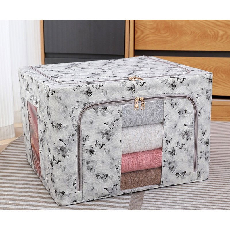 Cutie depozitare, 66l, din material textil, 50 x 40 x 33 cm, pentru haine si lenjerii, model fluturasi, gri/auriu [2]