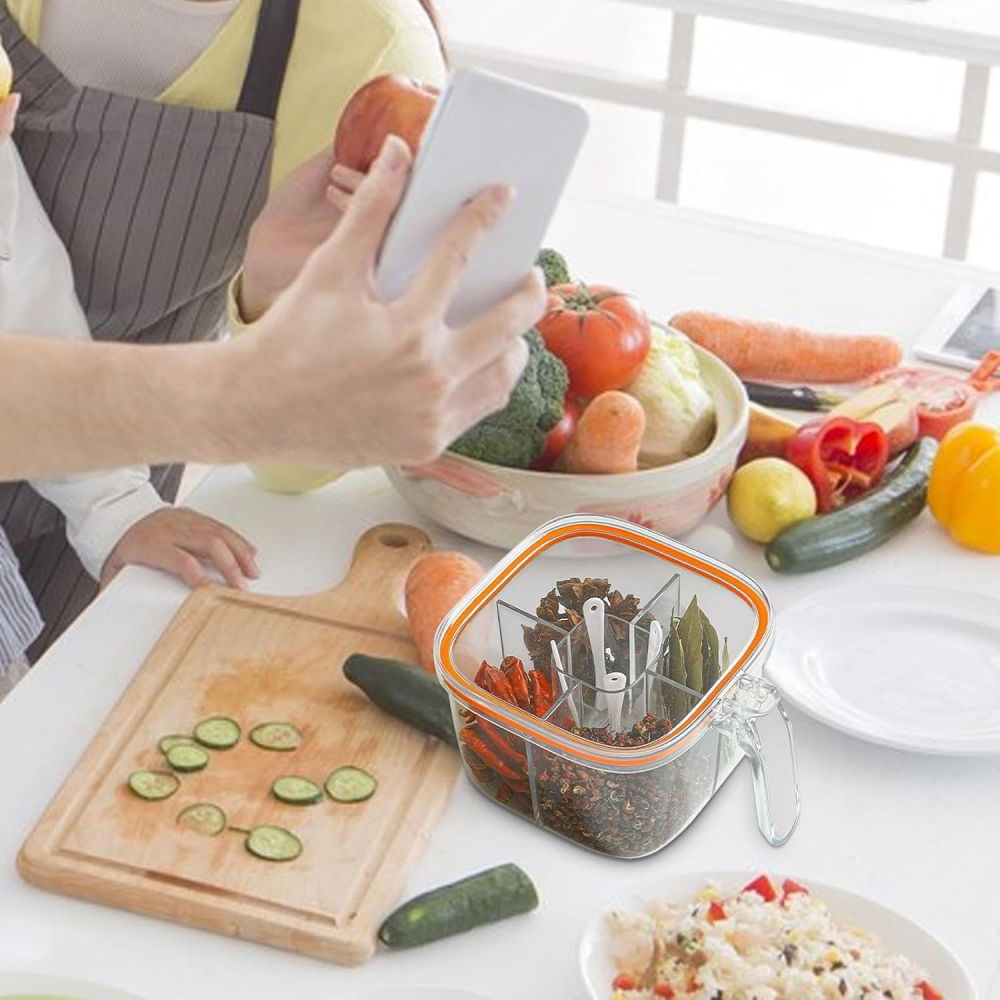 Cutie depozitare alimente, din plastic/silicon, 20 x 10 x 10 cm, 5 compartimente, alb/portocaliu [2]