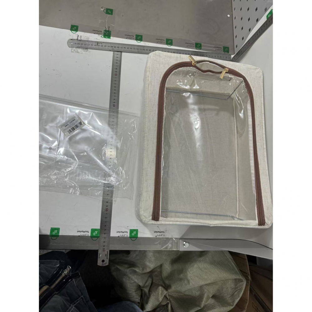 Cutie depozitare cu cadru metalic, pentru incaltaminte, haine, lingerie, fermoar calitativ, fereastra transparenta, manere laterale, 40 x 30 x 15 cm bej [2]