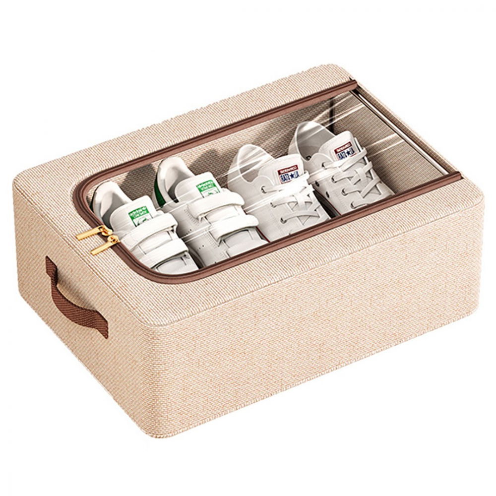 Cutie depozitare cu cadru metalic, pentru incaltaminte, haine, lingerie, fermoar calitativ, fereastra transparenta, manere laterale, 40 x 30 x 15 cm bej [3]