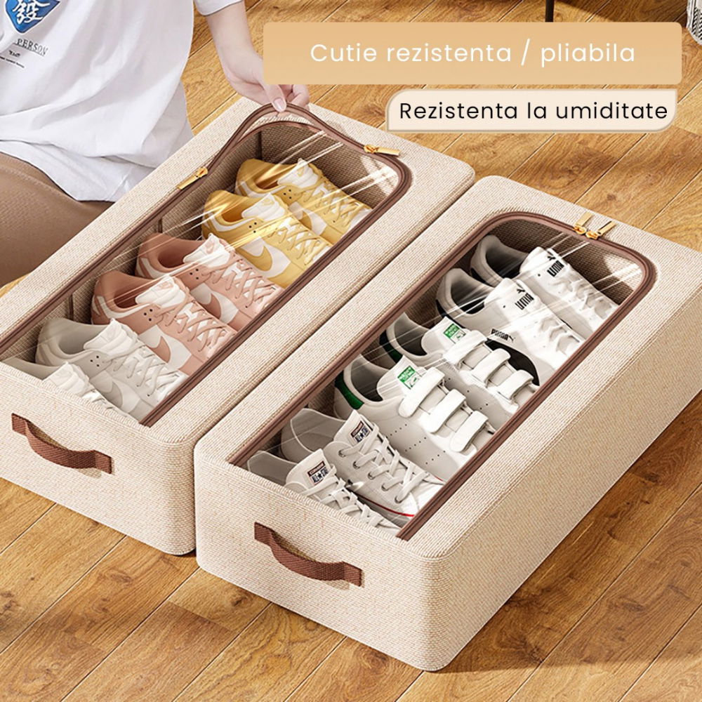 Cutie depozitare cu cadru metalic, pentru incaltaminte, haine, lingerie, fermoar calitativ, fereastra transparenta, manere laterale, 60 x 30 x 15 cm bej [4]