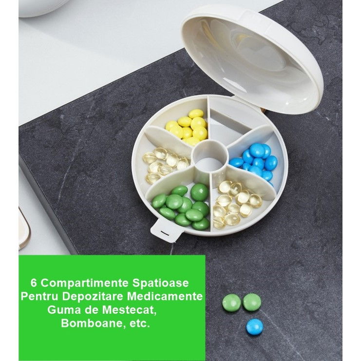 Cutie depozitare medicamente, 6 compartimente, inchidere etans, portabila, rotund, alb/negru, pp, 8.4x2.9x8.5 cm [3]