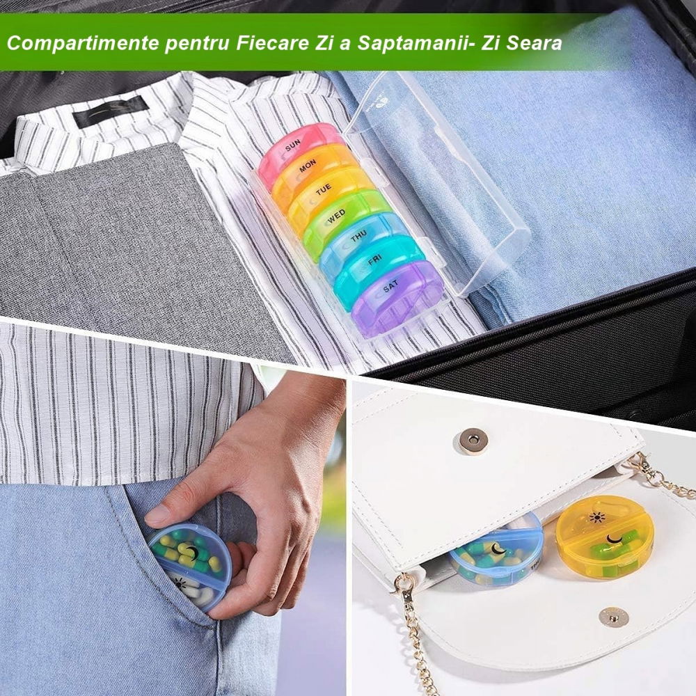 Cutie depozitare medicamente, 7 zile, 14 compartimente, cutie suport, recipiente detasabile, portabila, multicolor, 17.5x11x9.5 cm [6]