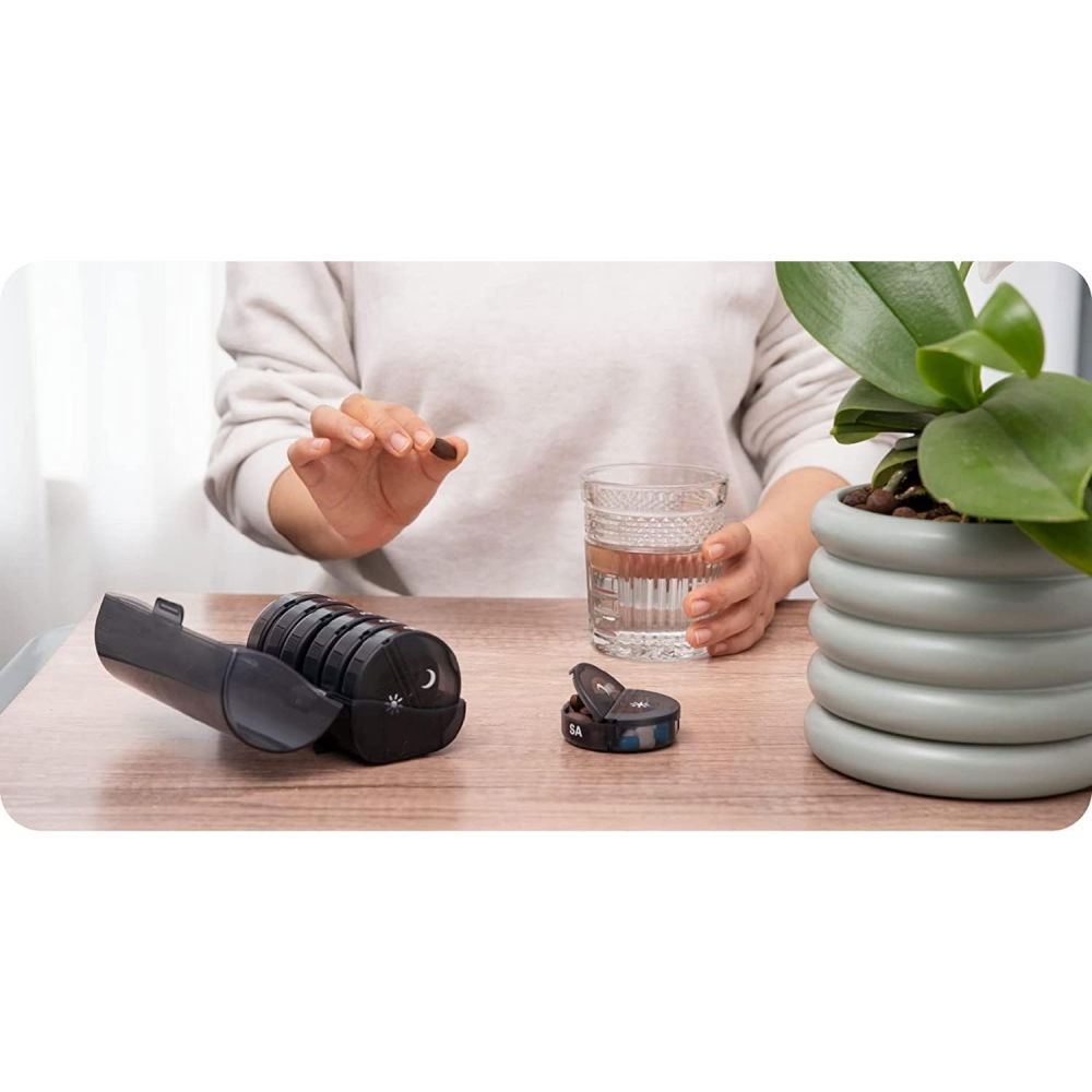 Cutie depozitare medicamente, 7 zile, 14 compartimente, cutie suport, recipiente detasabile, portabila, negru, 17.5x11x9.5 cm [3]