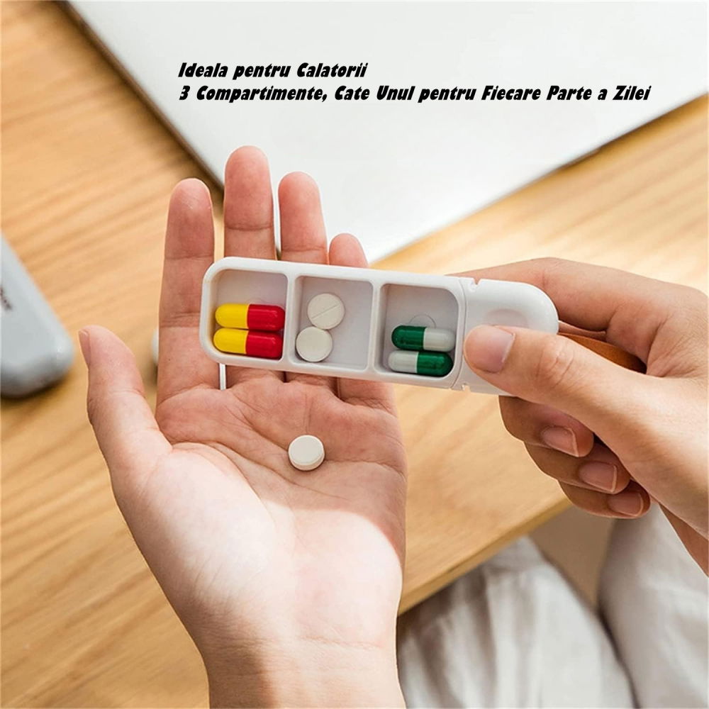 Cutie depozitare medicamente, portabila, 3 compartimente, tip breloc, plastic, glisanta, alb, 10.7x3.6x1.6 cm [3]