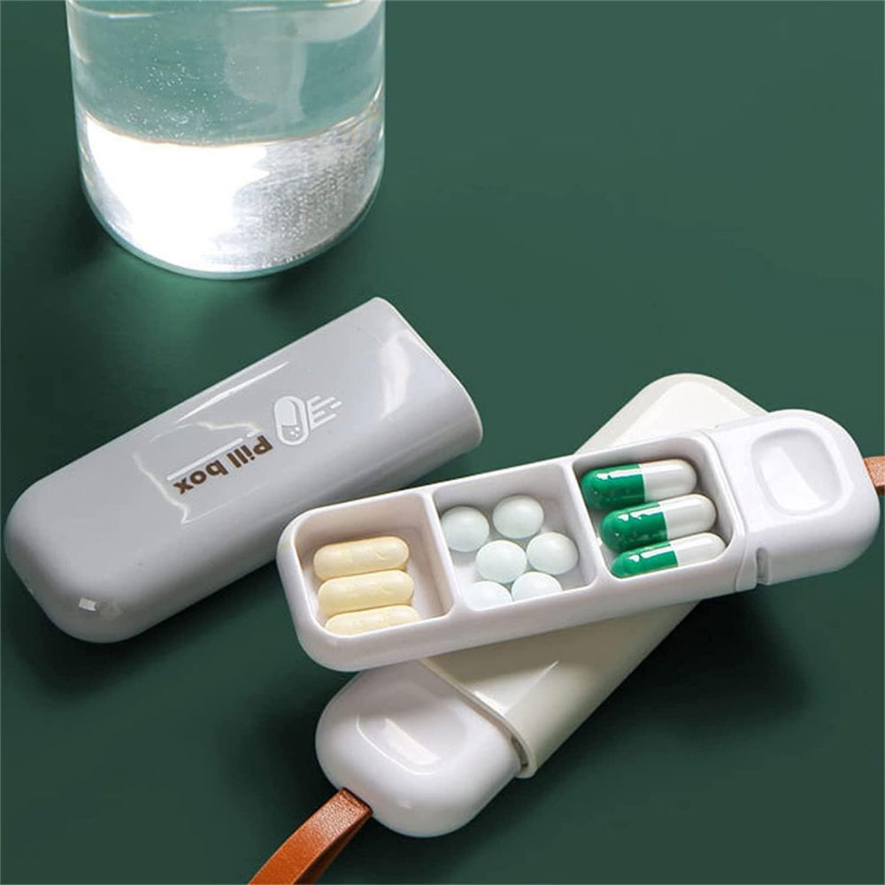 Cutie depozitare medicamente, portabila, 3 compartimente, tip breloc, plastic, glisanta, gri, 10.7x3.6x1.6 cm [2]