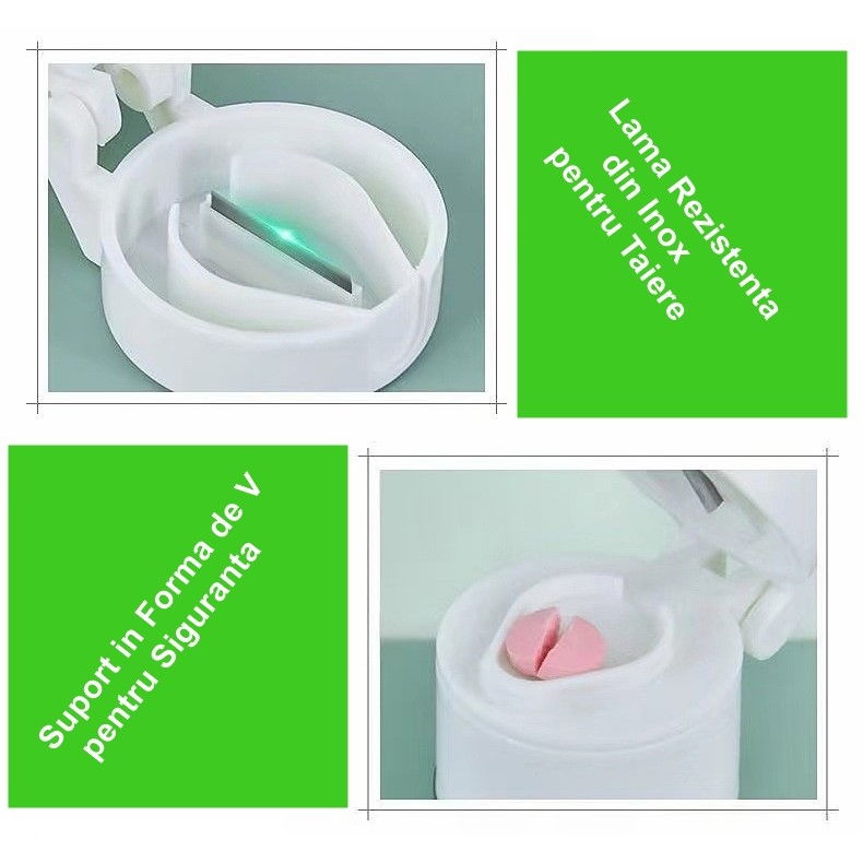 Cutie pastile multifunctionala, 4 in 1, pahar apa, taiere, sfaramare, depozitare, compact, abs cu lama din inox, alb, 8.7x6.2x4.1 cm [2]