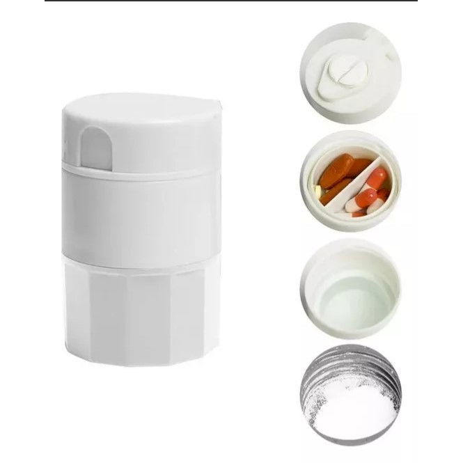 Cutie pastile multifunctionala, 4 in 1, pahar apa, taiere, sfaramare, depozitare, compact, abs cu lama din inox, alb, 8.7x6.2x4.1 cm [6]