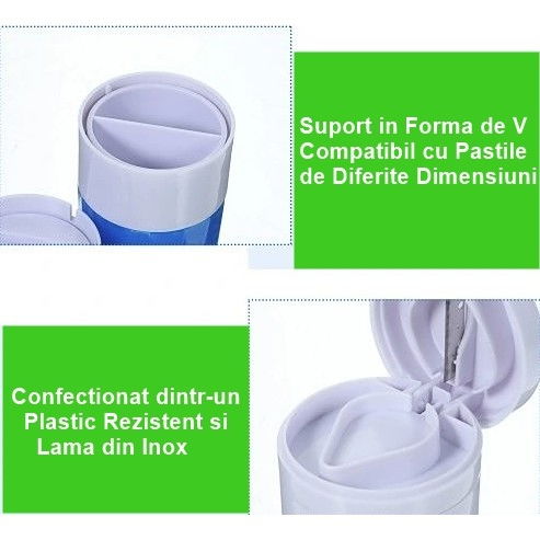 Cutie pastile multifunctionala, 4 in 1, pahar apa, taiere, sfaramare, depozitare, compact, abs cu lama din inox, alb/albastru, 8.7x6.2x4.1 cm [3]