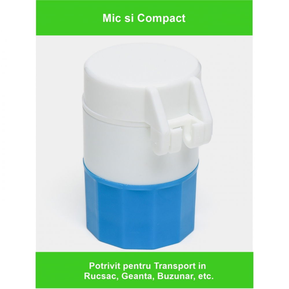 Cutie pastile multifunctionala, 4 in 1, pahar apa, taiere, sfaramare, depozitare, compact, abs cu lama din inox, alb/albastru, 8.7x6.2x4.1 cm [2]