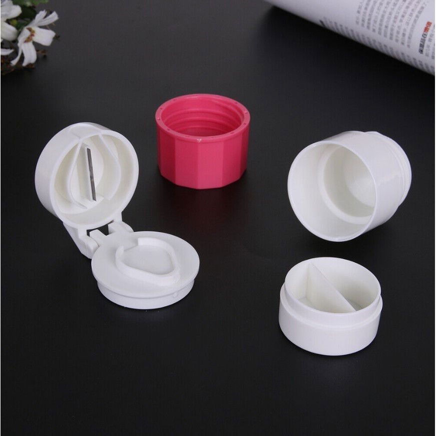 Cutie pastile multifunctionala, 4 in 1, pahar apa, taiere, sfaramare, depozitare, compact, abs cu lama din inox, alb/roz, 8.7x6.2x4.1 cm [5]