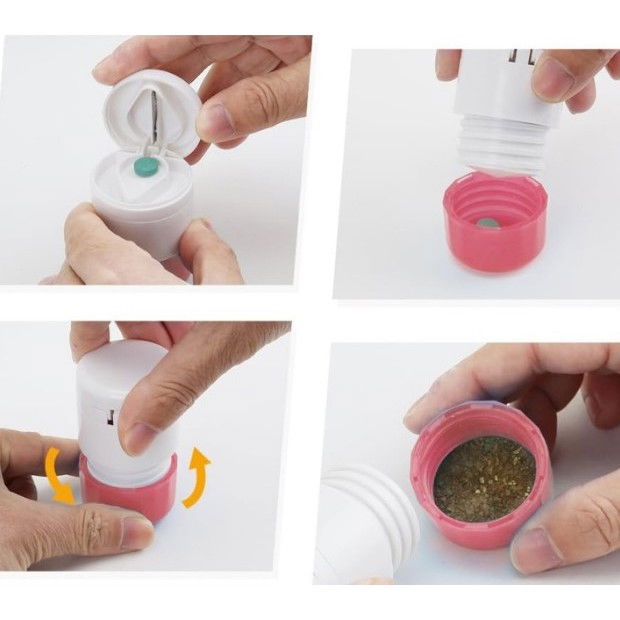 Cutie pastile multifunctionala, 4 in 1, pahar apa, taiere, sfaramare, depozitare, compact, abs cu lama din inox, alb/roz, 8.7x6.2x4.1 cm [4]