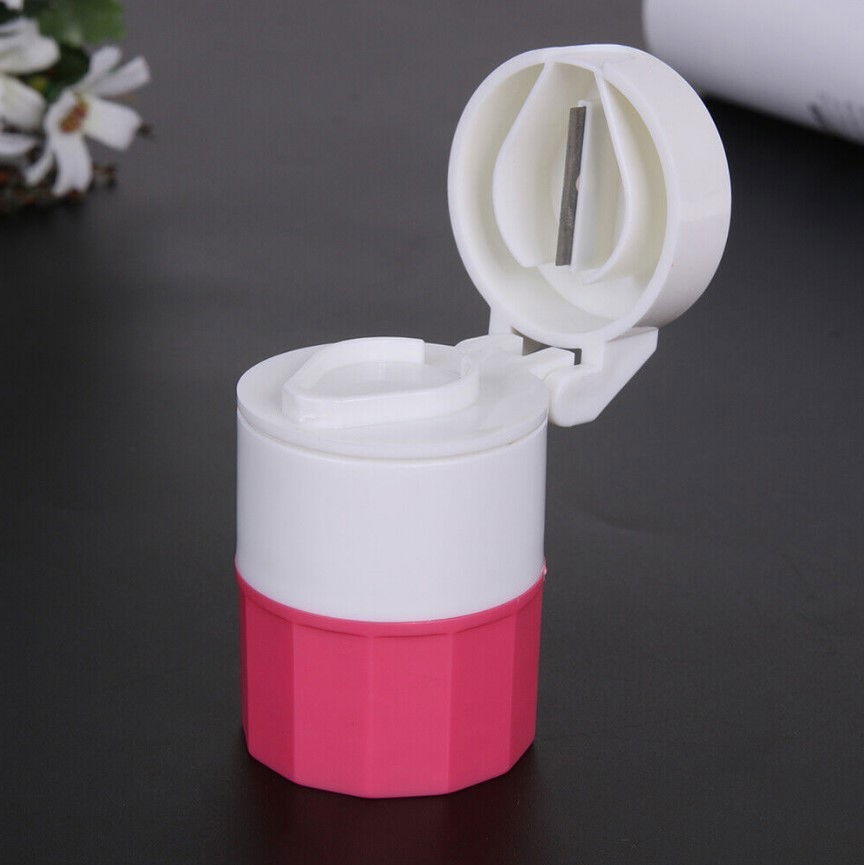 Cutie pastile multifunctionala, 4 in 1, pahar apa, taiere, sfaramare, depozitare, compact, abs cu lama din inox, alb/roz, 8.7x6.2x4.1 cm [6]