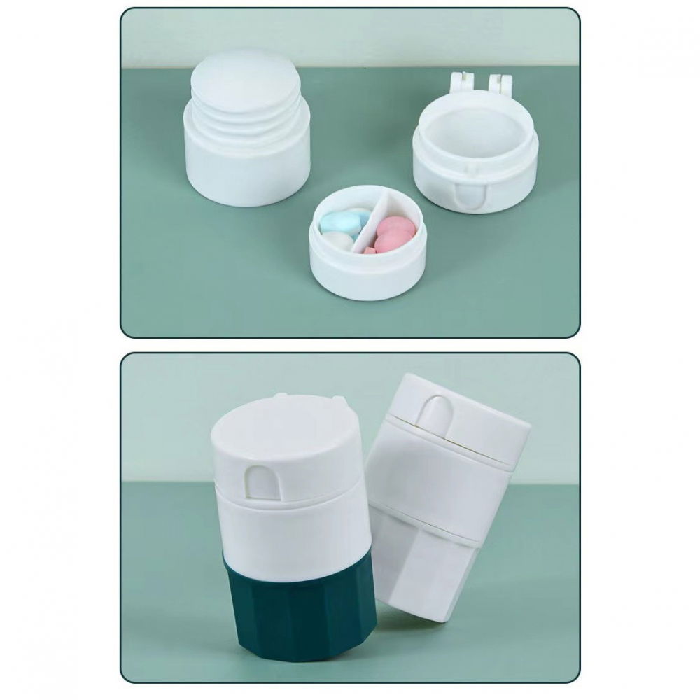 Cutie pastile multifunctionala, 4 in 1, pahar apa, taiere, sfaramare, depozitare, compact, abs cu lama din inox, alb/verde, 8.7x6.2x4.1 cm [4]