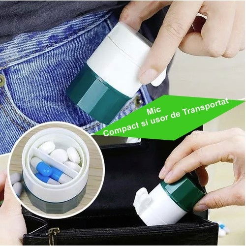 Cutie pastile multifunctionala, 4 in 1, pahar apa, taiere, sfaramare, depozitare, compact, abs cu lama din inox, alb/verde, 8.7x6.2x4.1 cm [3]