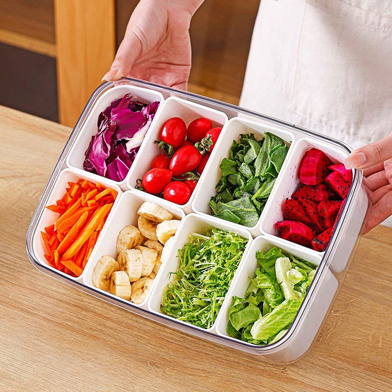 Cutie pentru depozitare alimente, 8 compartimente cu capac, material pet+pp, 29 x 20 x 9 cm, alb/transparent [9]