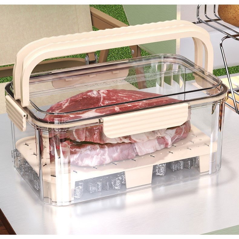 Cutie pentru depozitare alimente, de uz casnic, 2 compartimente, zona pentru gheata, mentinere fresh, cu maner, material pet, 23x15x10.8 cm, bej [10]