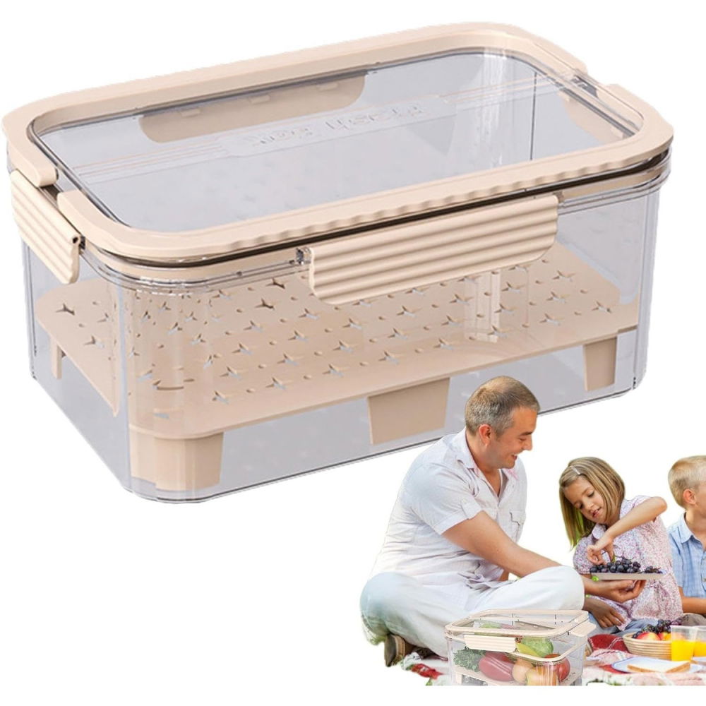 Cutie pentru depozitare alimente, de uz casnic, 2 compartimente, zona pentru gheata, mentinere fresh, cu maner, material pet, 23x15x10.8 cm, bej [8]