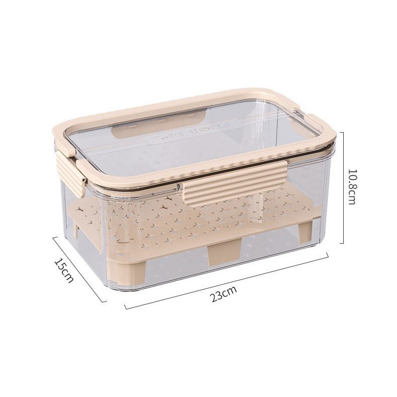 Cutie pentru depozitare alimente, de uz casnic, 2 compartimente, zona pentru gheata, mentinere fresh, cu maner, material pet, 23x15x10.8 cm, bej [17]