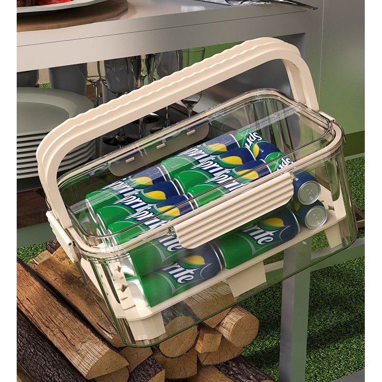 Cutie pentru depozitare alimente, de uz casnic, 2 compartimente, zona pentru gheata, mentinere fresh, cu maner, material pet, 23x15x10.8 cm, bej [14]