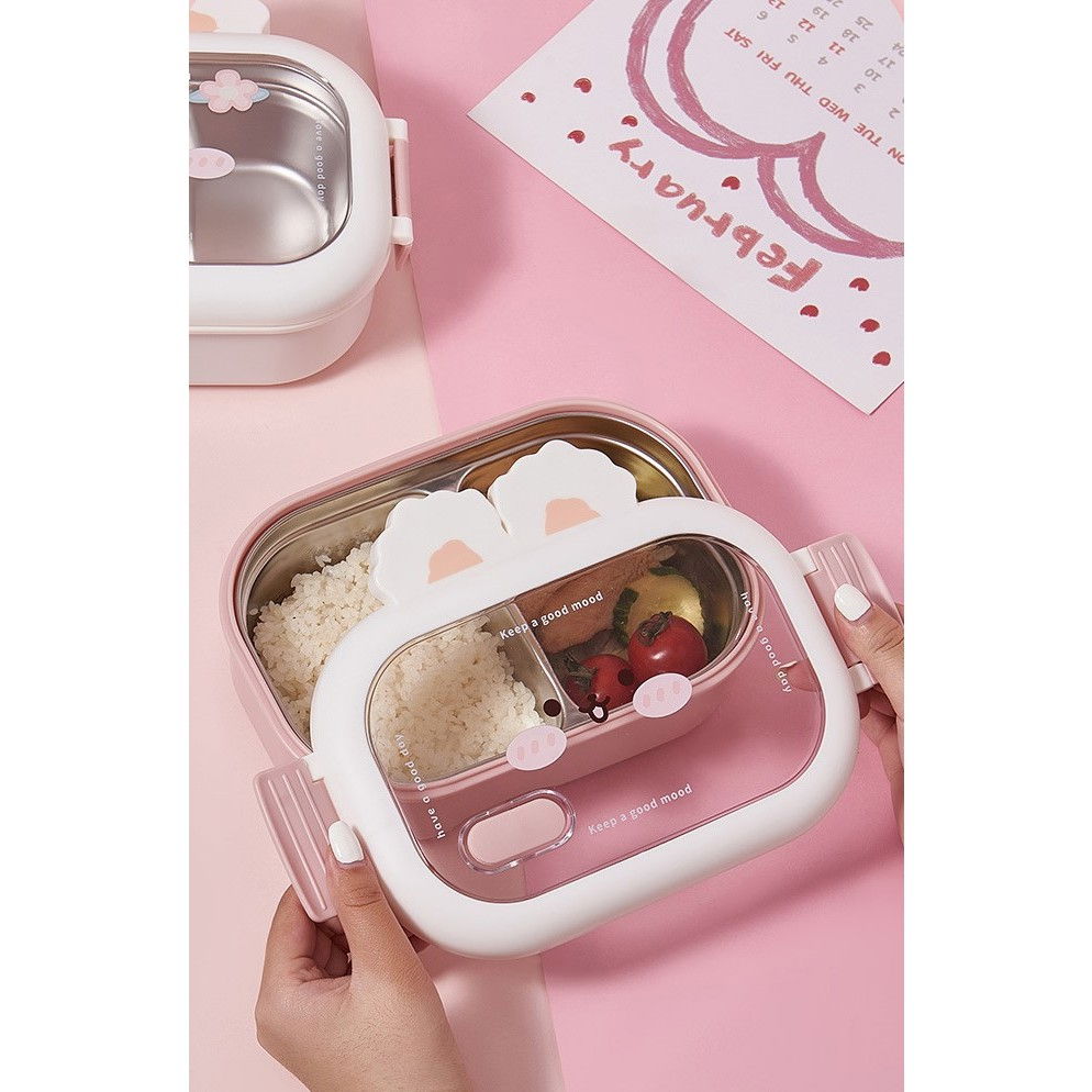 Cutie pentru pranz sau gustari, cu doua compartimente, model iepuras, pentru copii si adulti, etansare, pp, perfect pentru scoala si birou, 1000 ml, 22x17.8x8 cm, roz [4]