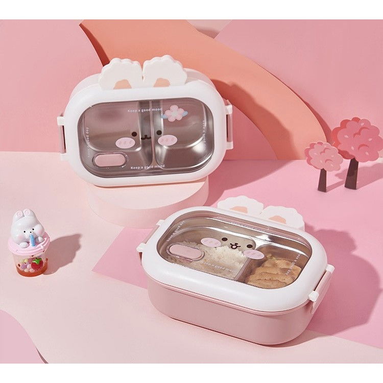 Cutie pentru pranz sau gustari, cu doua compartimente, model iepuras, pentru copii si adulti, etansare, pp, perfect pentru scoala si birou, 1000 ml, 22x17.8x8 cm, roz [6]
