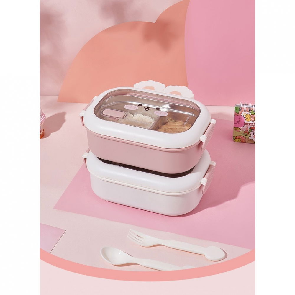 Cutie pentru pranz sau gustari, cu doua compartimente, model iepuras, pentru copii si adulti, etansare, pp, perfect pentru scoala si birou, 1000 ml, 22x17.8x8 cm, roz [3]