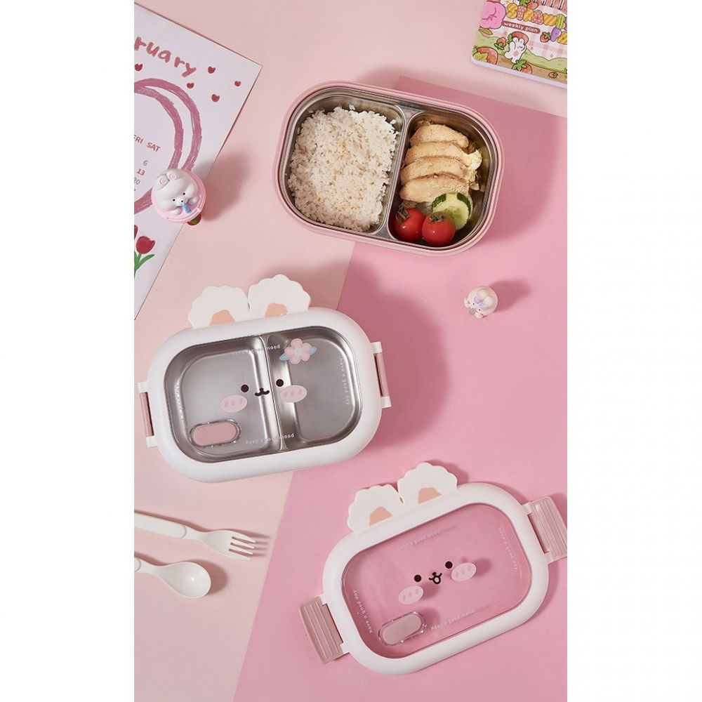 Cutie pentru pranz sau gustari, cu doua compartimente, model iepuras, pentru copii si adulti, etansare, pp, perfect pentru scoala si birou, 1000 ml, 22x17.8x8 cm, alb [3]