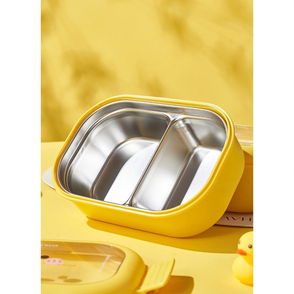 Cutie pentru pranz sau gustari, cu doua compartimente, model ratusca, pentru copii si adulti, etansare, pp, perfect pentru scoala si birou, 1000 ml, 22.5x14.5x8 cm, galben [11]