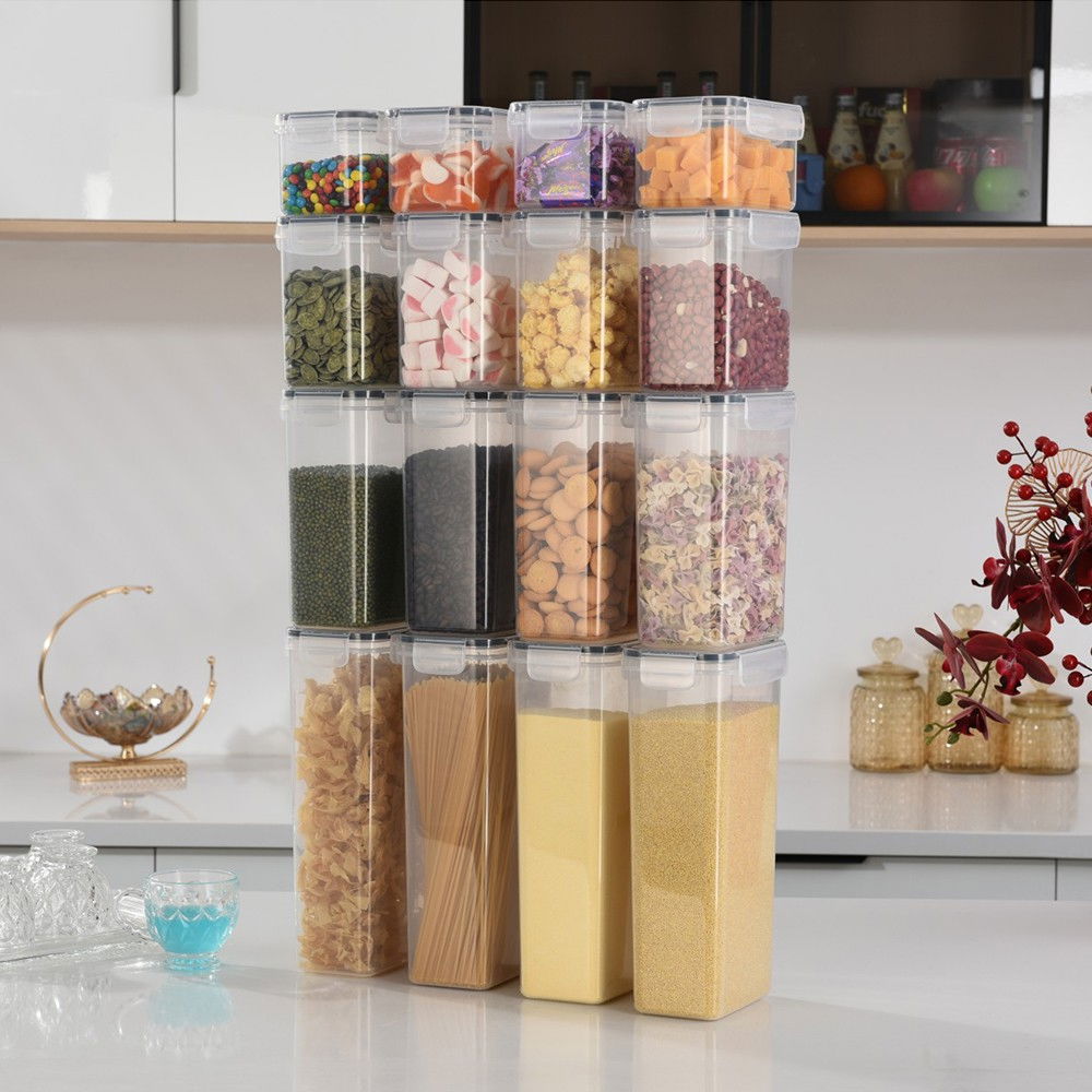 Cutii de depozitare alimente, set din 16 cutii pentru condimente, cereale, cutii pentru bucatarie, din plastic pp, cutii alimentare, diferite dimensiuni, transparente [3]
