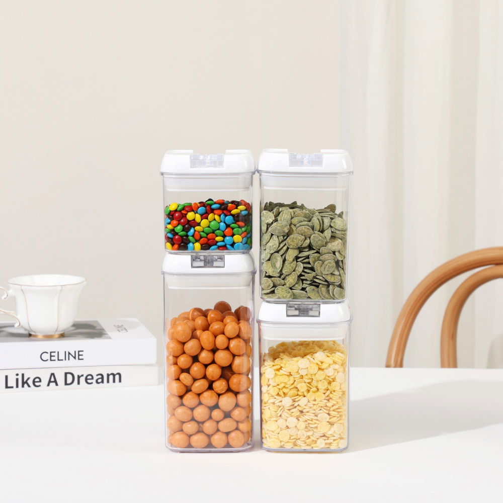 Cutii de depozitare alimente, set din 4 cutii pentru condimente in bucatarie, cutii de tip container, diferite dimensiuni, cu capac ermetic, din plastic pp, transparent [3]