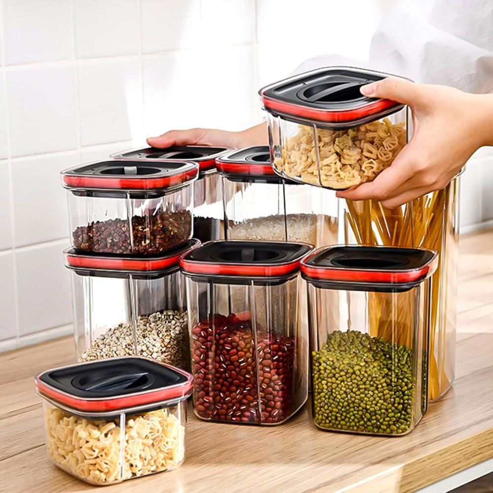 Cutii de depozitare alimente, set din 5 cuti de tip container, recipiente pentru cereale in bucatarie,  transparente cu capac negru [3]