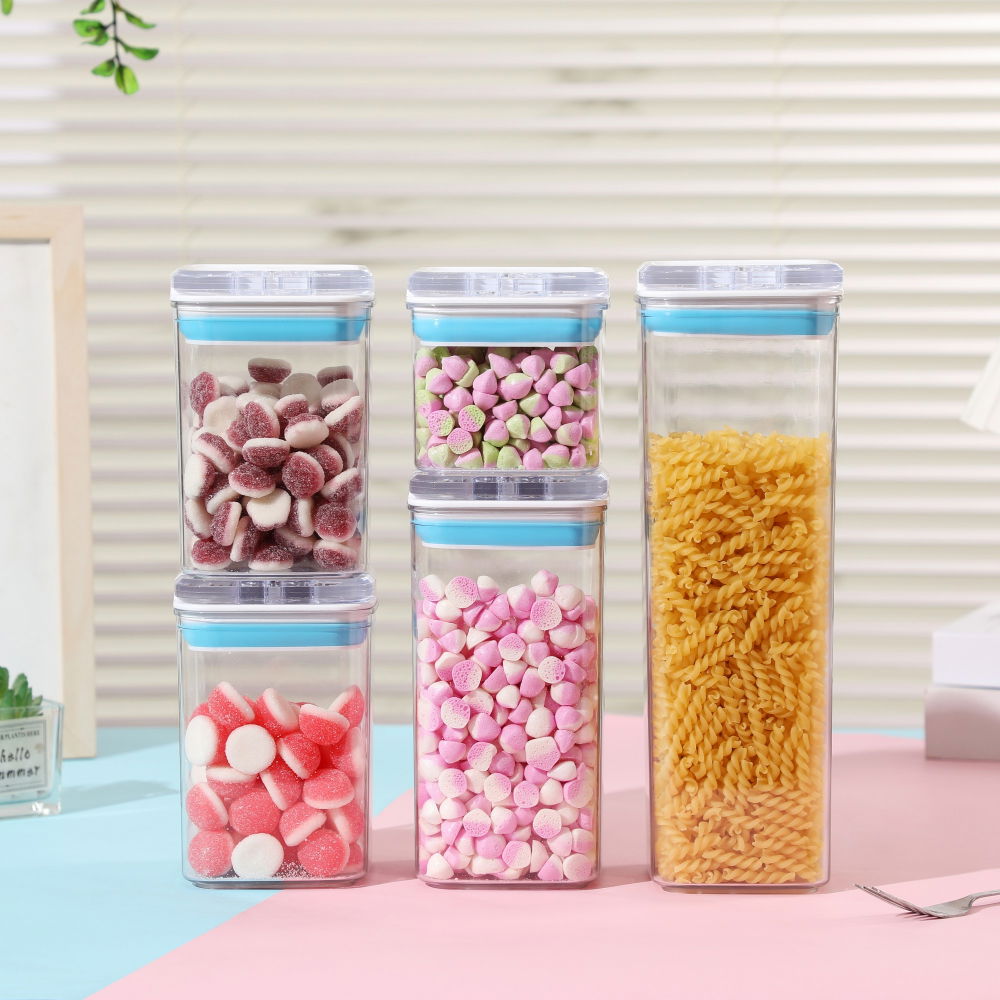 Cutii de depozitare alimente, set din 5 cutii de tip container, 1x0.5 l, 2x0.8 l, 1x1.2 l, 1x1.9 l, recipiente pentru cereale in bucatarie,  transparente cu capac albastru-alb [3]