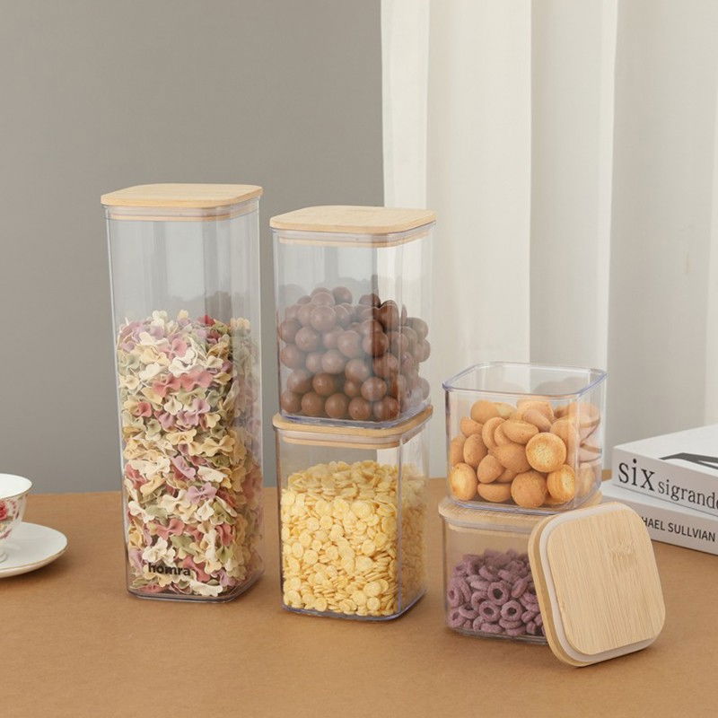 Cutii de depozitare alimente, set din 5 cutii de tip container, cutii pentru cereale, din plastic, capac din bambuc, 1pc 0.5 l. 2pc 0.8 l, 2pc 1.2 l, 1pc 1.9 l,  transparente [3]