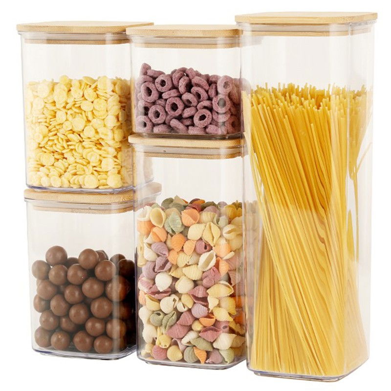 Cutii de depozitare alimente, set din 5 cutii de tip container, cutii pentru cereale, din plastic, capac din bambuc, 1pc 0.5 l. 2pc 0.8 l, 2pc 1.2 l, 1pc 1.9 l,  transparente [1]