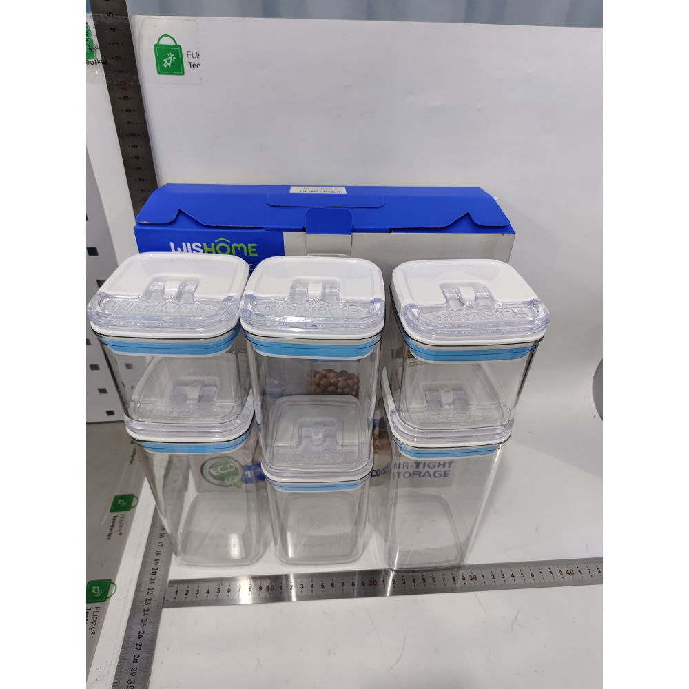 Cutii de depozitare alimente, set din 6 cutii de tip container, 2x0.5 l, 2x0.8 l, 2x1.2 l, recipiente pentru cereale in bucatarie,  transparente cu capac albastru-alb [3]