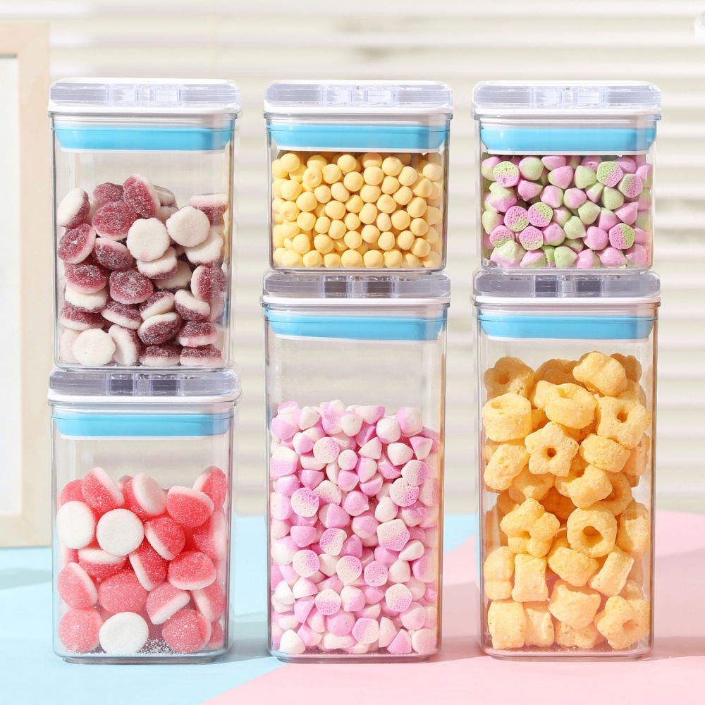 Cutii de depozitare alimente, set din 6 cutii de tip container, 2x0.5 l, 2x0.8 l, 2x1.2 l, recipiente pentru cereale in bucatarie,  transparente cu capac albastru-alb [2]