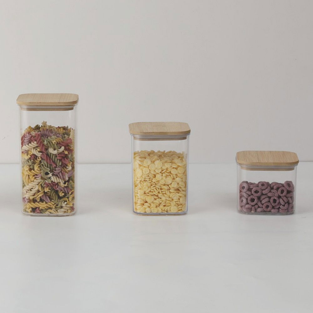 Cutii de depozitare alimente, set din 6 cutii de tip container, cutii pentru cereale, din plastic, capac din bambuc, 2pc 0.5 l. 2pc 0.8 l, 2pc 1.2 l, transparente [3]