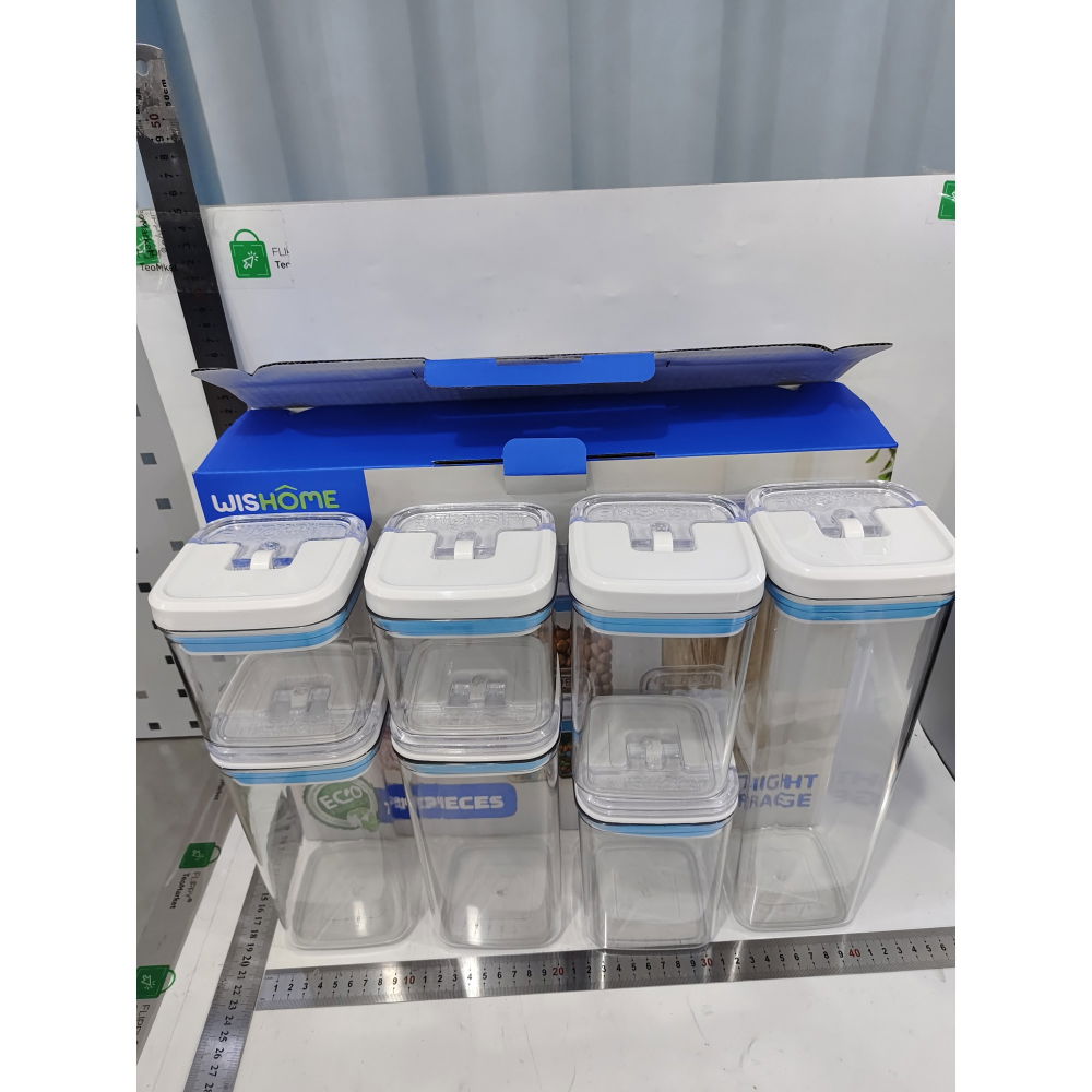 Cutii de depozitare alimente, set din 7 cutii de tip container, 2x0.5 l, 2x0.8 l, 2x1.2 l, 1x1.9 l, recipiente pentru cereale in bucatarie,  transparente cu capac albastru-alb [3]