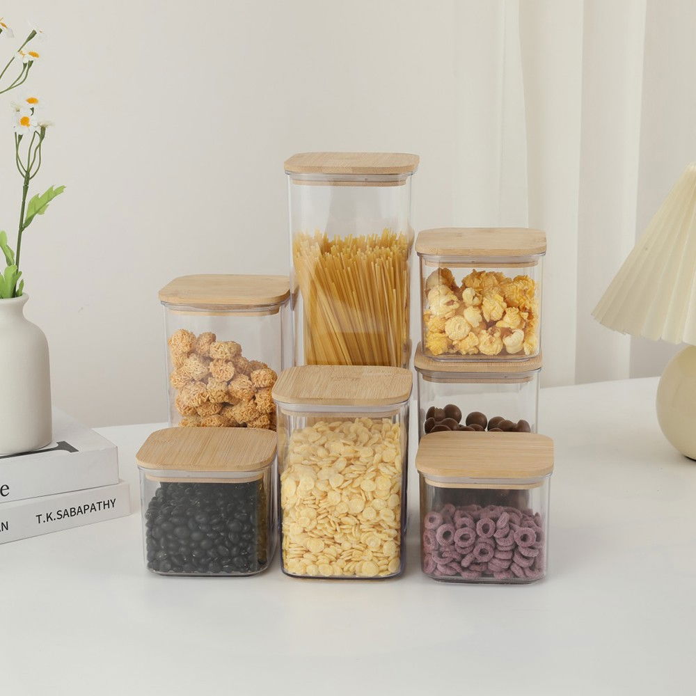 Cutii de depozitare alimente, set din 7 cutii de tip container, cutii pentru cereale, din plastic, capac din bambuc, 2pc 0.5 l, 2pc 0.8 l, 2pc 1.2 l, 1pc 2.5 l, transparente [3]