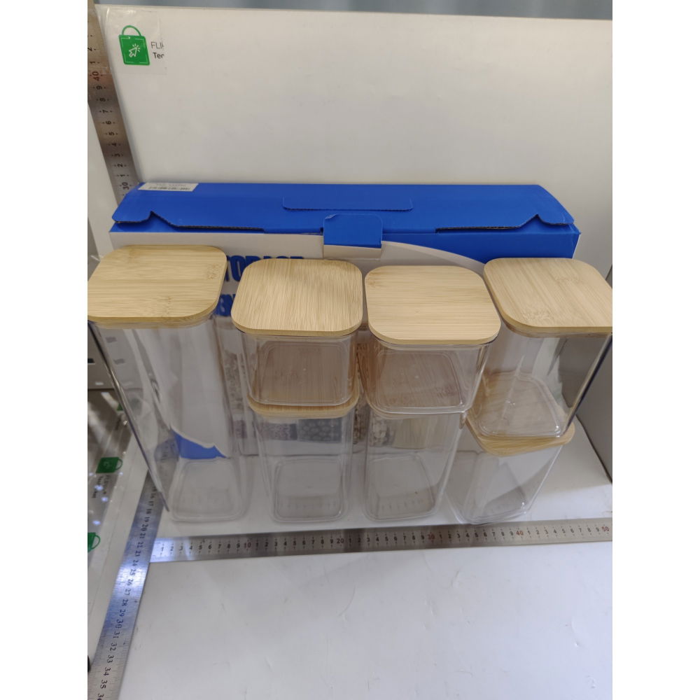Cutii de depozitare alimente, set din 7 cutii de tip container, cutii pentru cereale, din plastic, capac din bambuc, 2pc 0.5 l, 2pc 0.8 l, 2pc 1.2 l, 1pc 2.5 l, transparente [4]