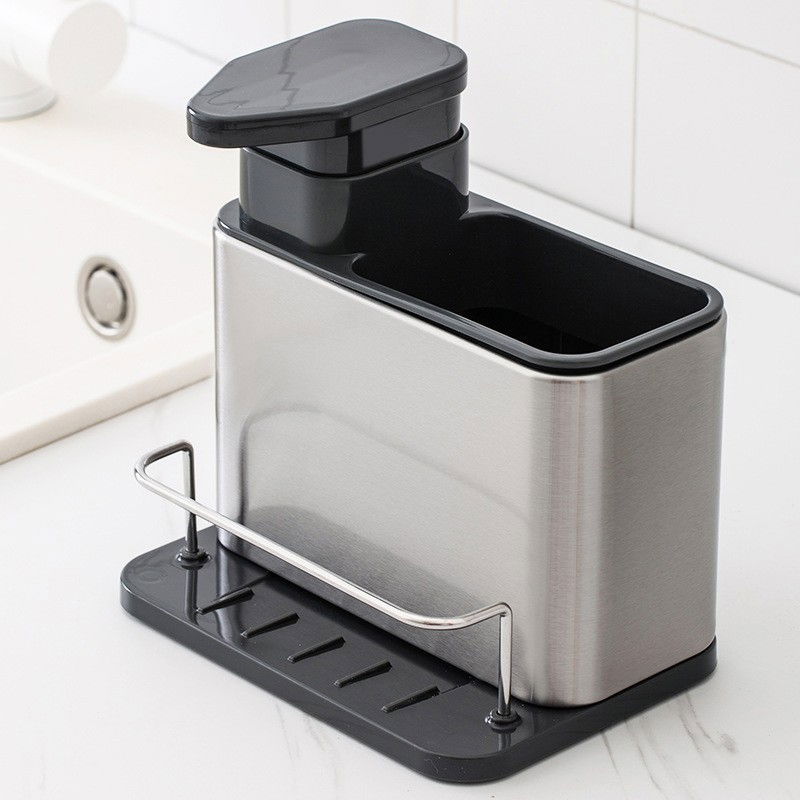 Dispenser multifunctional, dozator pentru detergent, pentru sapun lichid, dezinfectant, cu suport pentru ustensile, 18.5 x 18 x 12.8 cm negru [2]