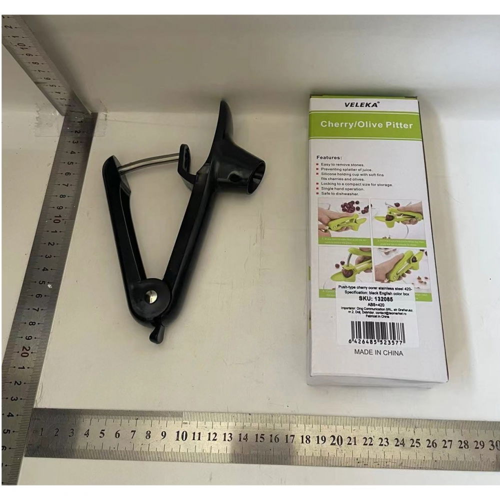 Dispozitiv de scos samburi, manual, cu 1 gaura, pentru cirese/masline, 20.5 x 3.8 x 13 cm, din abs+otel inoxidabil, cu maner, negru [2]